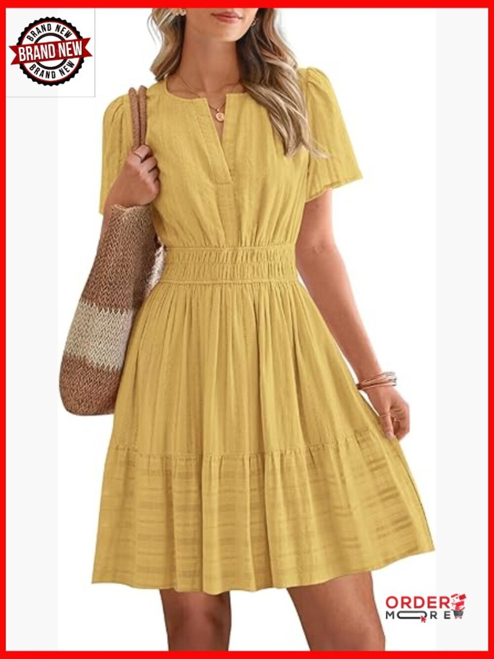 Casual Mini Dress with Pockets Elastic Waist Boho Beach Dress